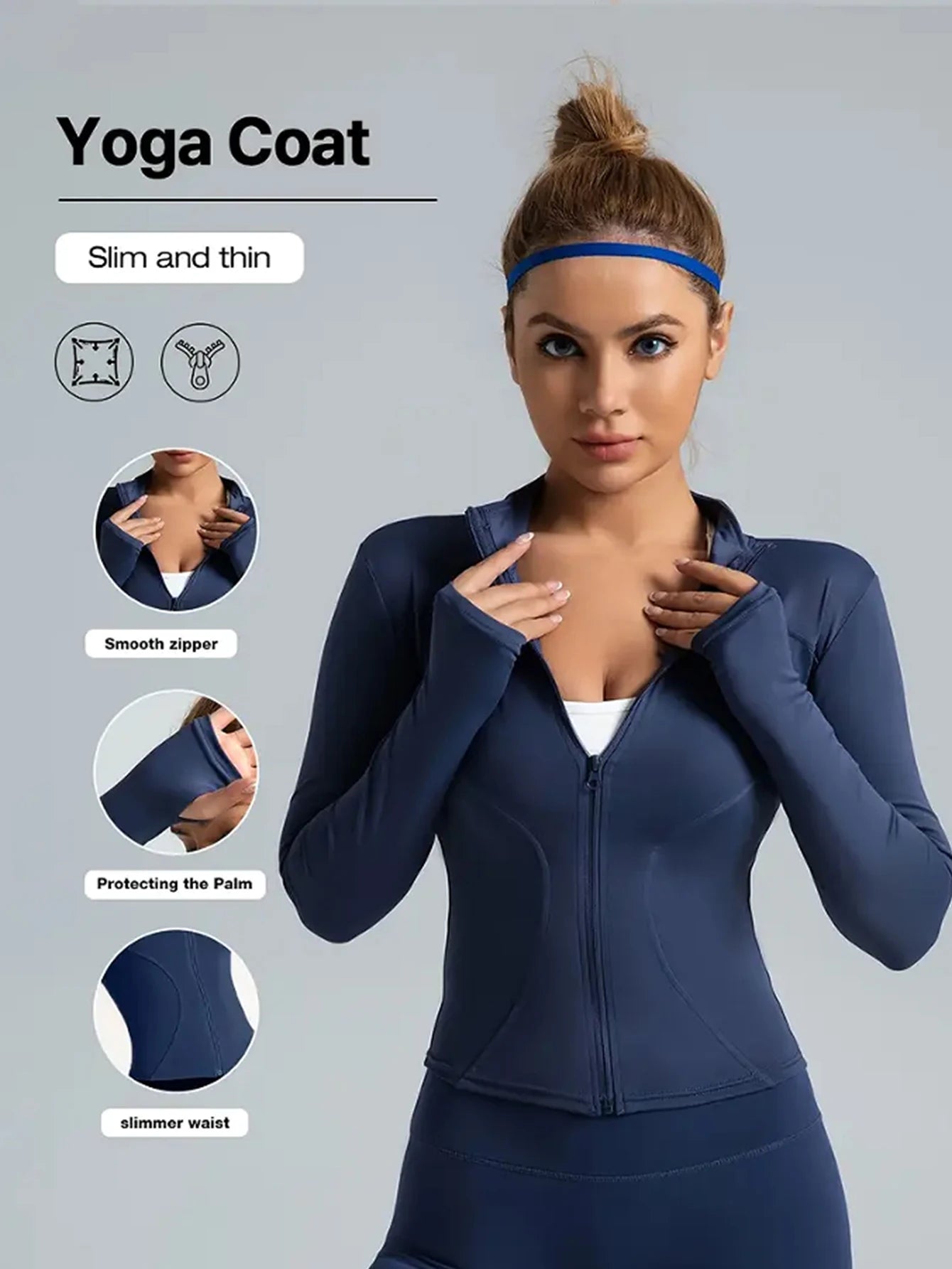 Chaqueta fitness ajustada para mujer – edición otoño manga larga, secado rápido, protección solar y cuello alto para Pilates