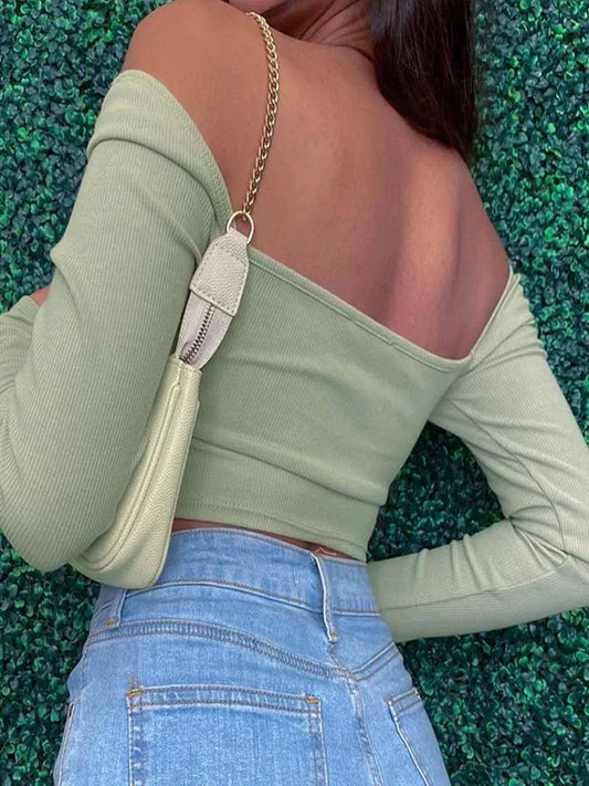 Top crop mujer manga larga – cuello cuadrado y V, diseño backless con detalle hollow-out, ajuste slim acanalado