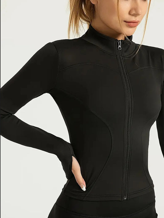 Chaqueta fitness ajustada para mujer – edición otoño manga larga, secado rápido, protección solar y cuello alto para Pilates