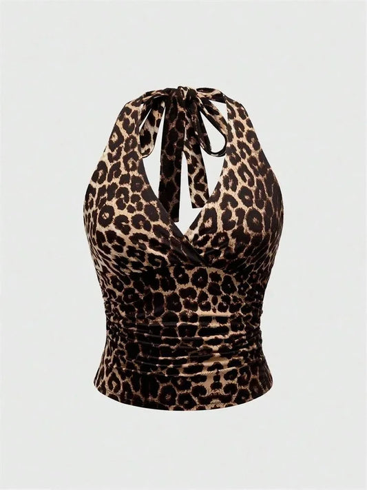 Top corto halter sin espalda con escote en V para mujer