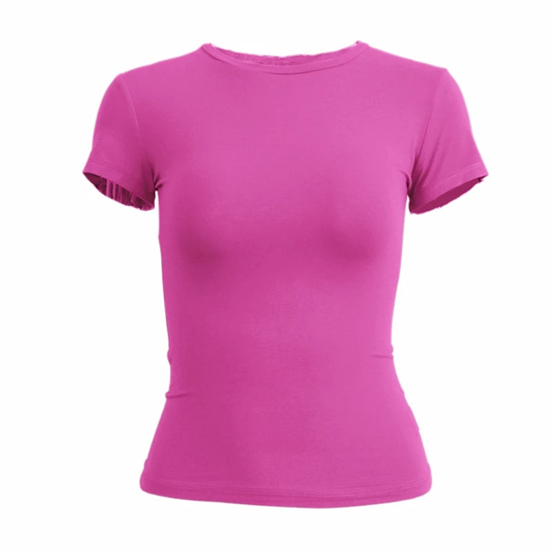 Camiseta ajustada Y2K para mujer – manga corta, cuello redondo y estilo sporty streetwear