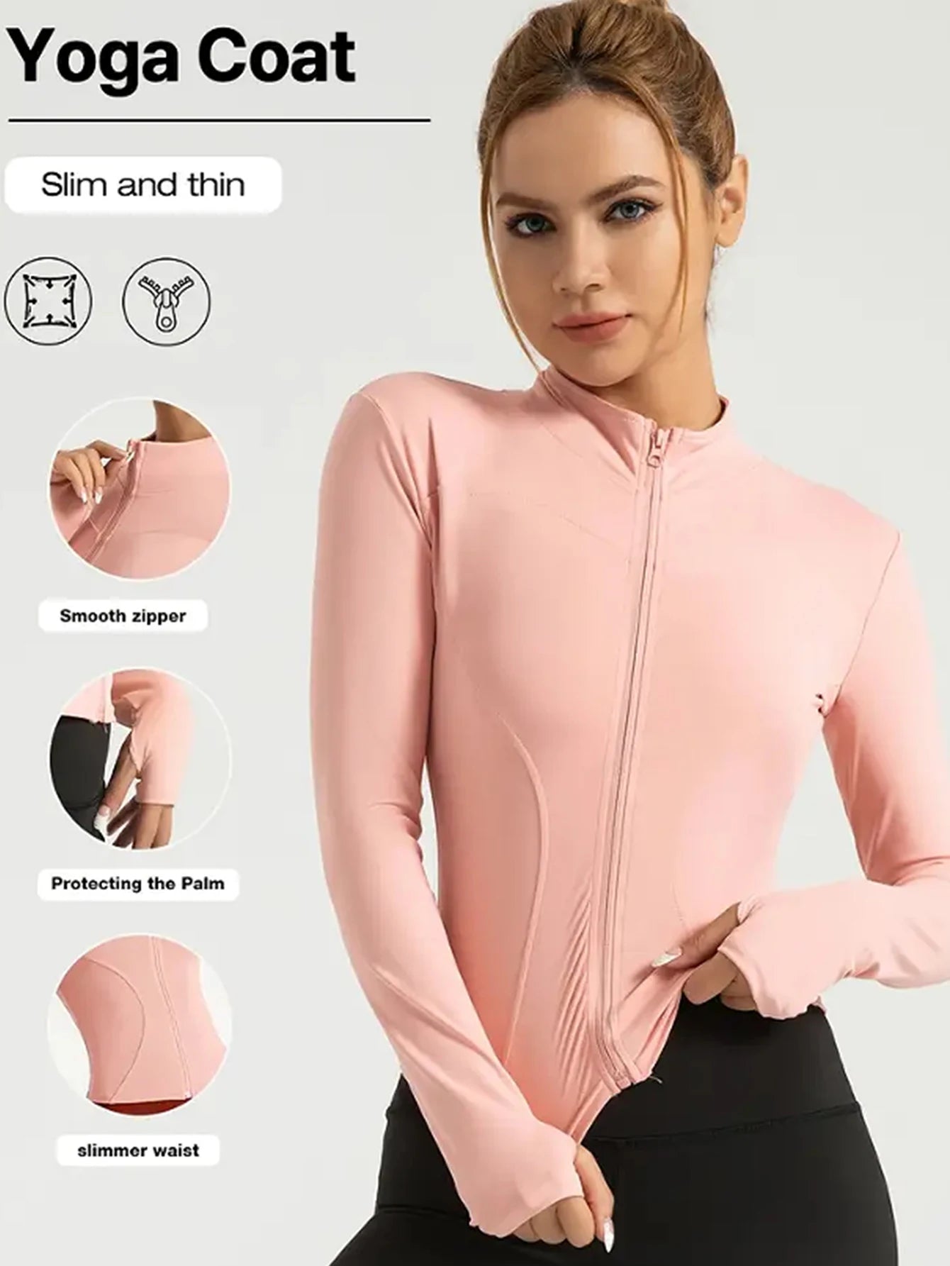 Chaqueta fitness ajustada para mujer – edición otoño manga larga, secado rápido, protección solar y cuello alto para Pilates