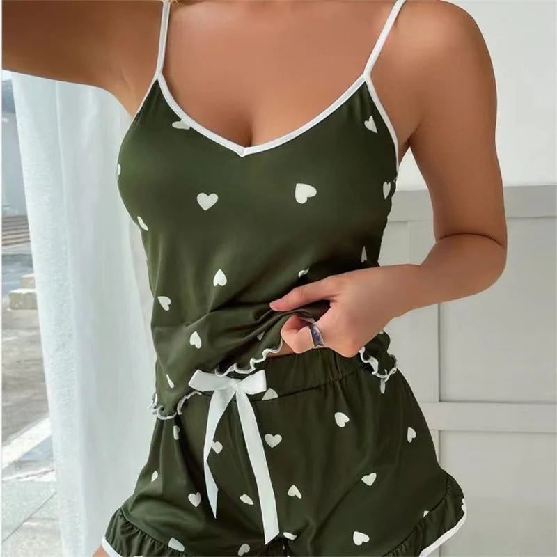 Pijama de verano 2 piezas para mujer – top de tirantes y shorts suaves con estampado cute