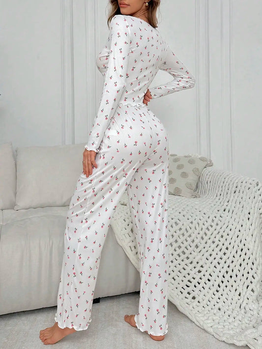 Pijama floral para mujer – conjunto de manga larga con escote en V y pantalón cómodo de cintura alta