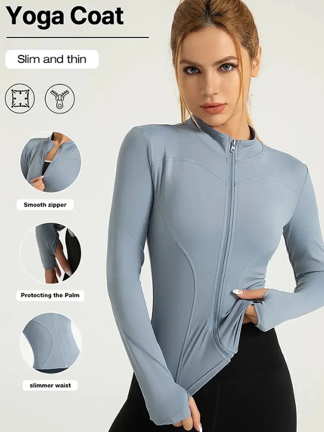 Chaqueta fitness ajustada para mujer – edición otoño manga larga, secado rápido, protección solar y cuello alto para Pilates