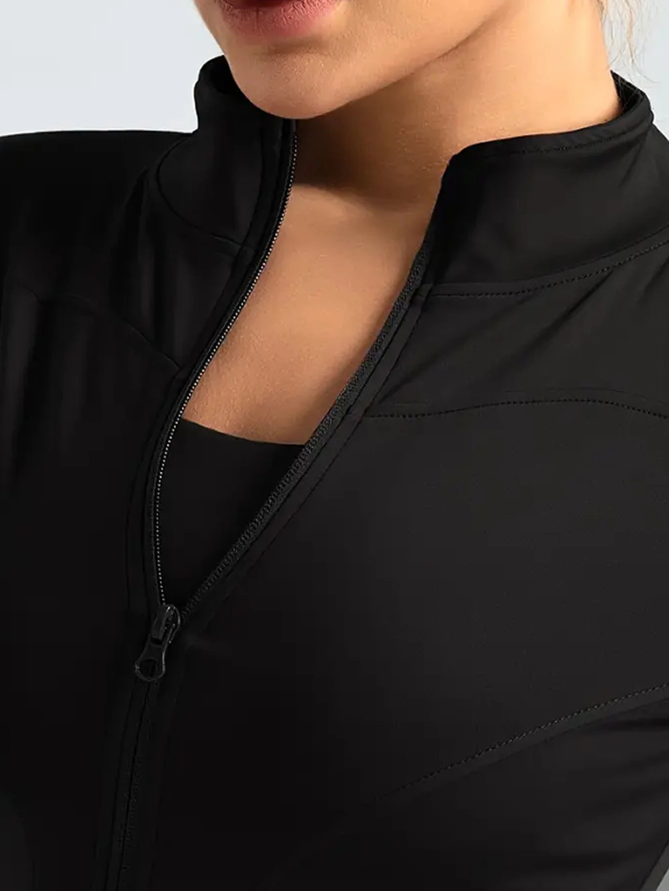 Chaqueta fitness ajustada para mujer – edición otoño manga larga, secado rápido, protección solar y cuello alto para Pilates