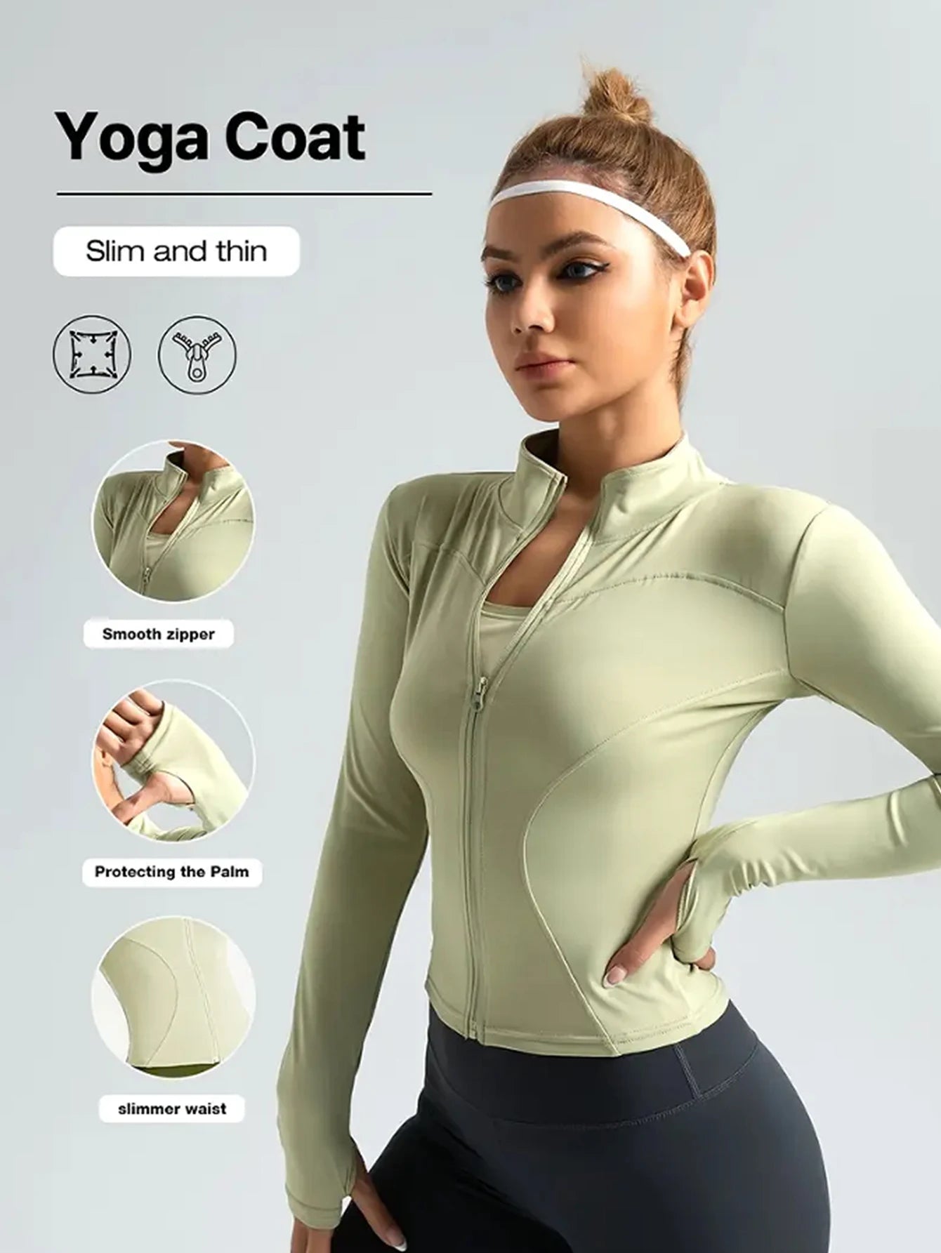 Chaqueta fitness ajustada para mujer – edición otoño manga larga, secado rápido, protección solar y cuello alto para Pilates