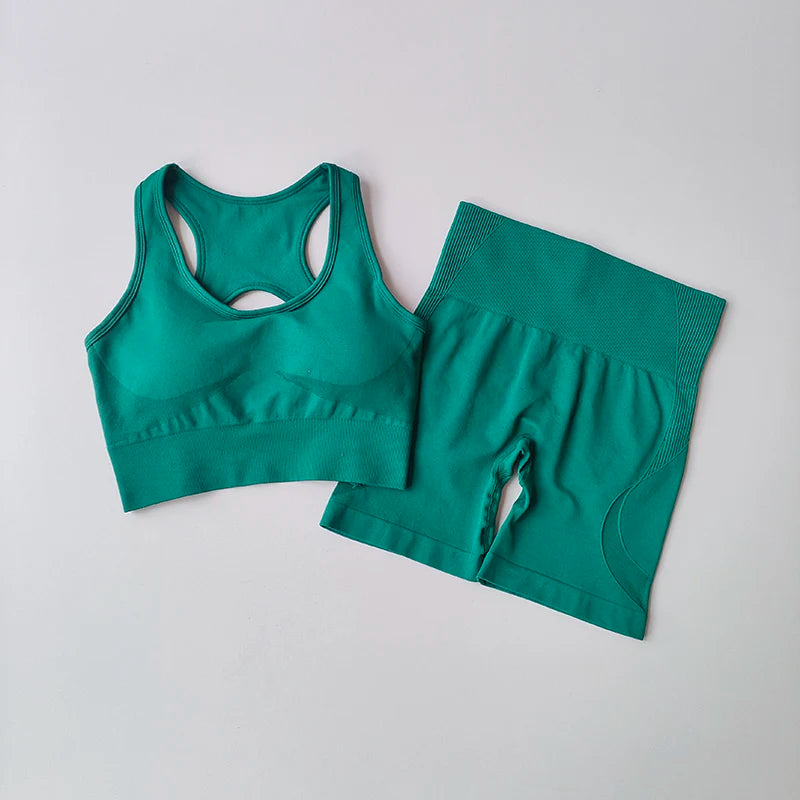 Conjunto deportivo seamless 2 piezas para mujer – top y shorts de cintura alta para yoga y fitness