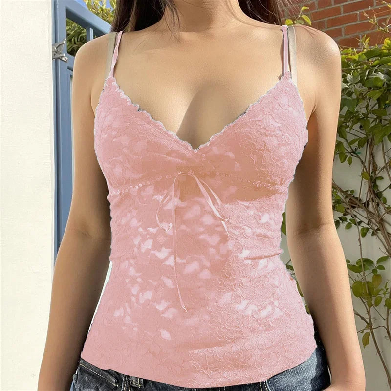 Top Y2K Fairycore para mujer – estilo 2000s, tirantes finos, escote en V y estética coquette streetwear