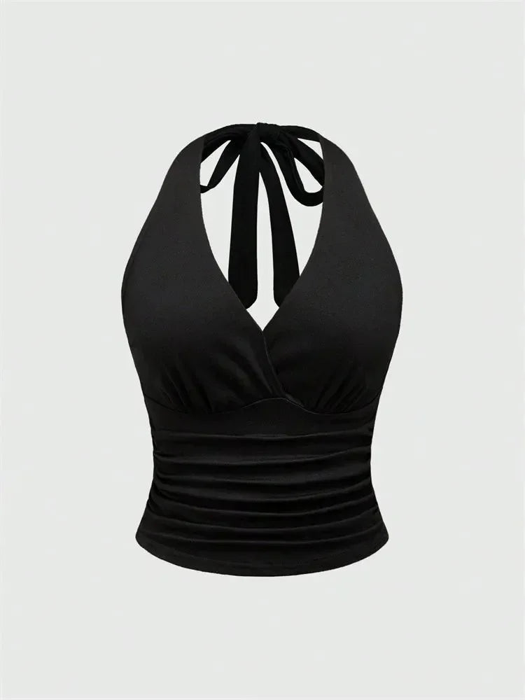 Top corto halter sin espalda con escote en V para mujer