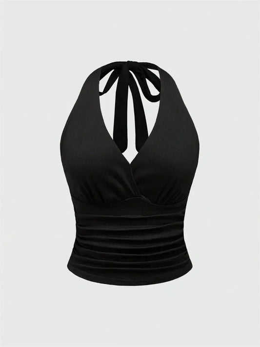 Top corto halter sin espalda con escote en V para mujer