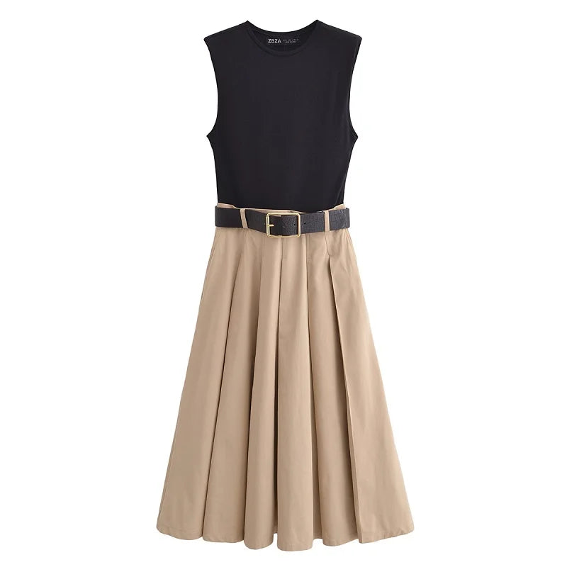 Vestido midi plisado sin mangas para mujer