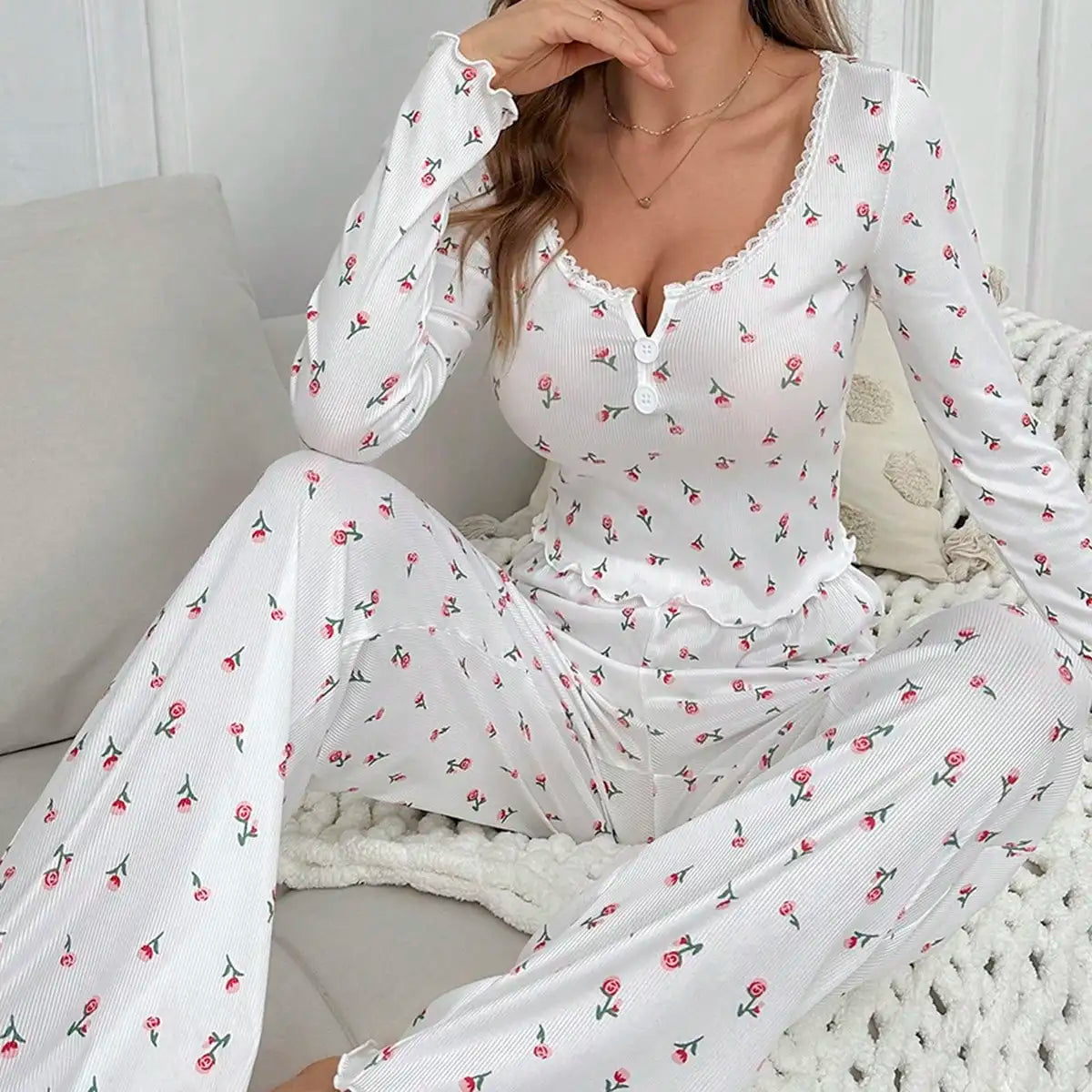 Pijama floral para mujer – conjunto de manga larga con escote en V y pantalón cómodo de cintura alta