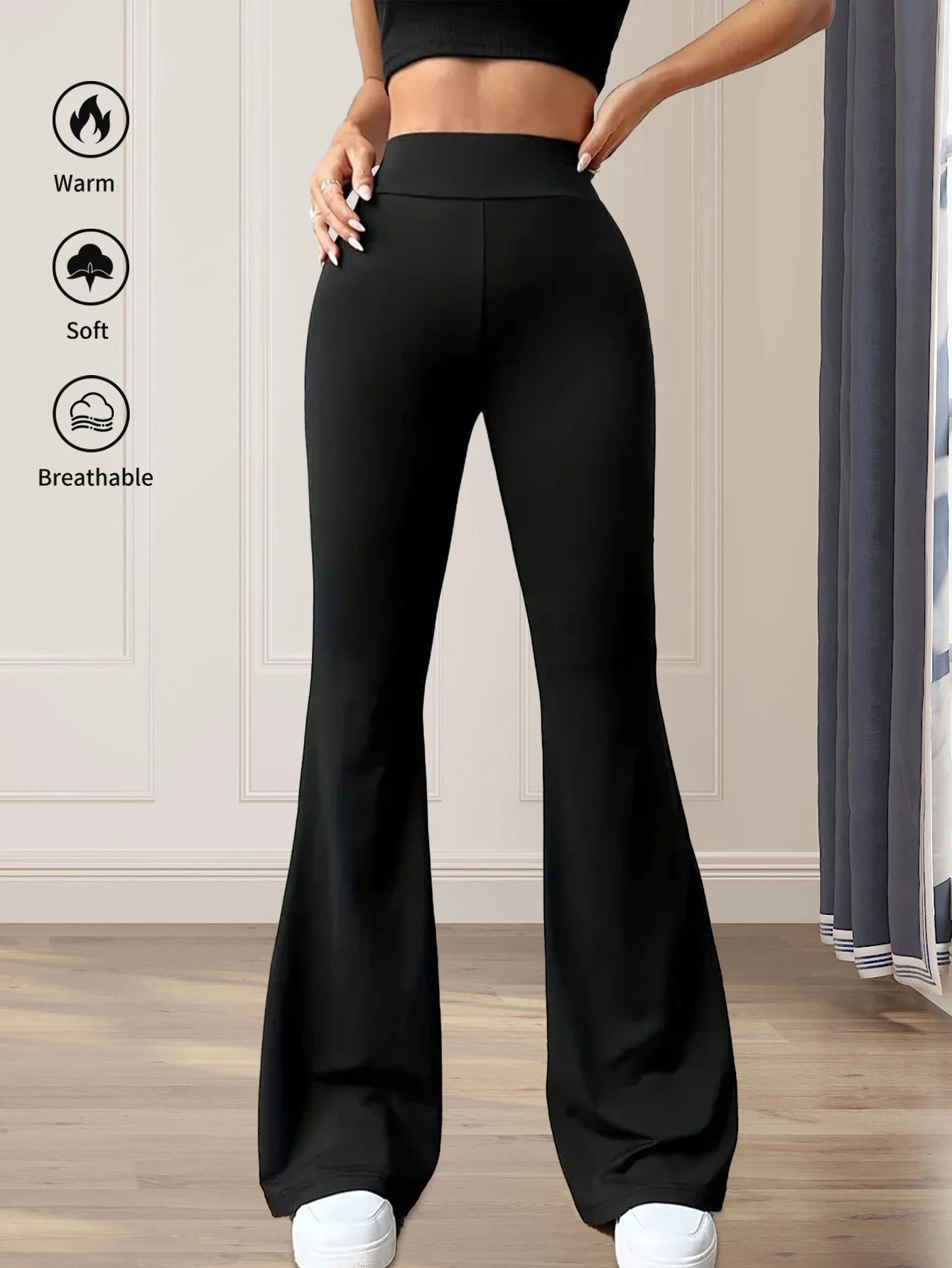 Pantalón acampanado mujer cintura alta – ajuste slim, pierna larga y tejido ligero para primavera-verano