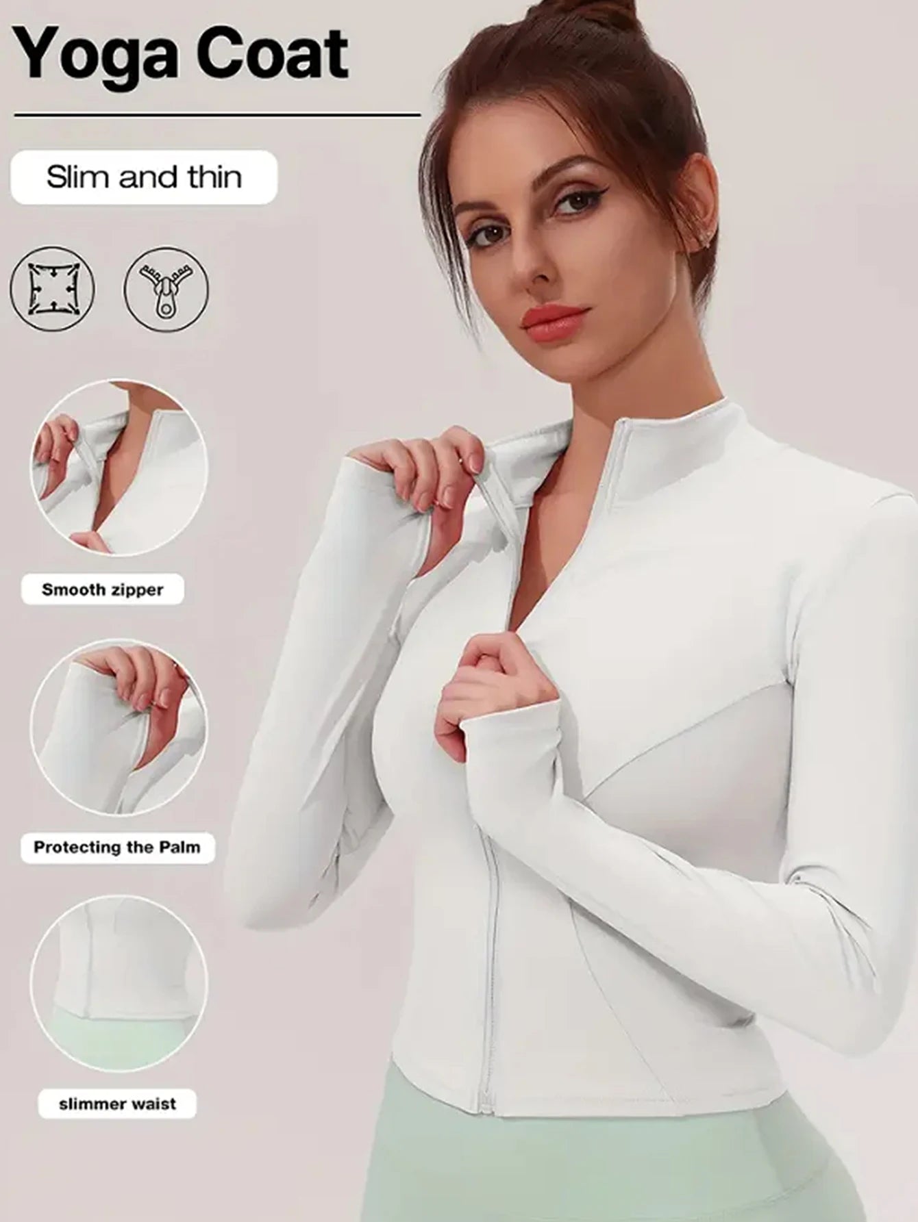 Chaqueta fitness ajustada para mujer – edición otoño manga larga, secado rápido, protección solar y cuello alto para Pilates