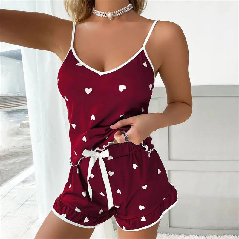 Pijama de verano 2 piezas para mujer – top de tirantes y shorts suaves con estampado cute