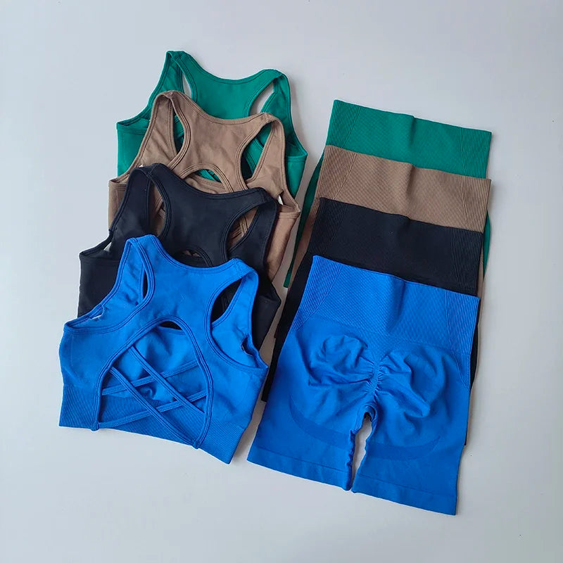 Conjunto deportivo seamless 2 piezas para mujer – top y shorts de cintura alta para yoga y fitness