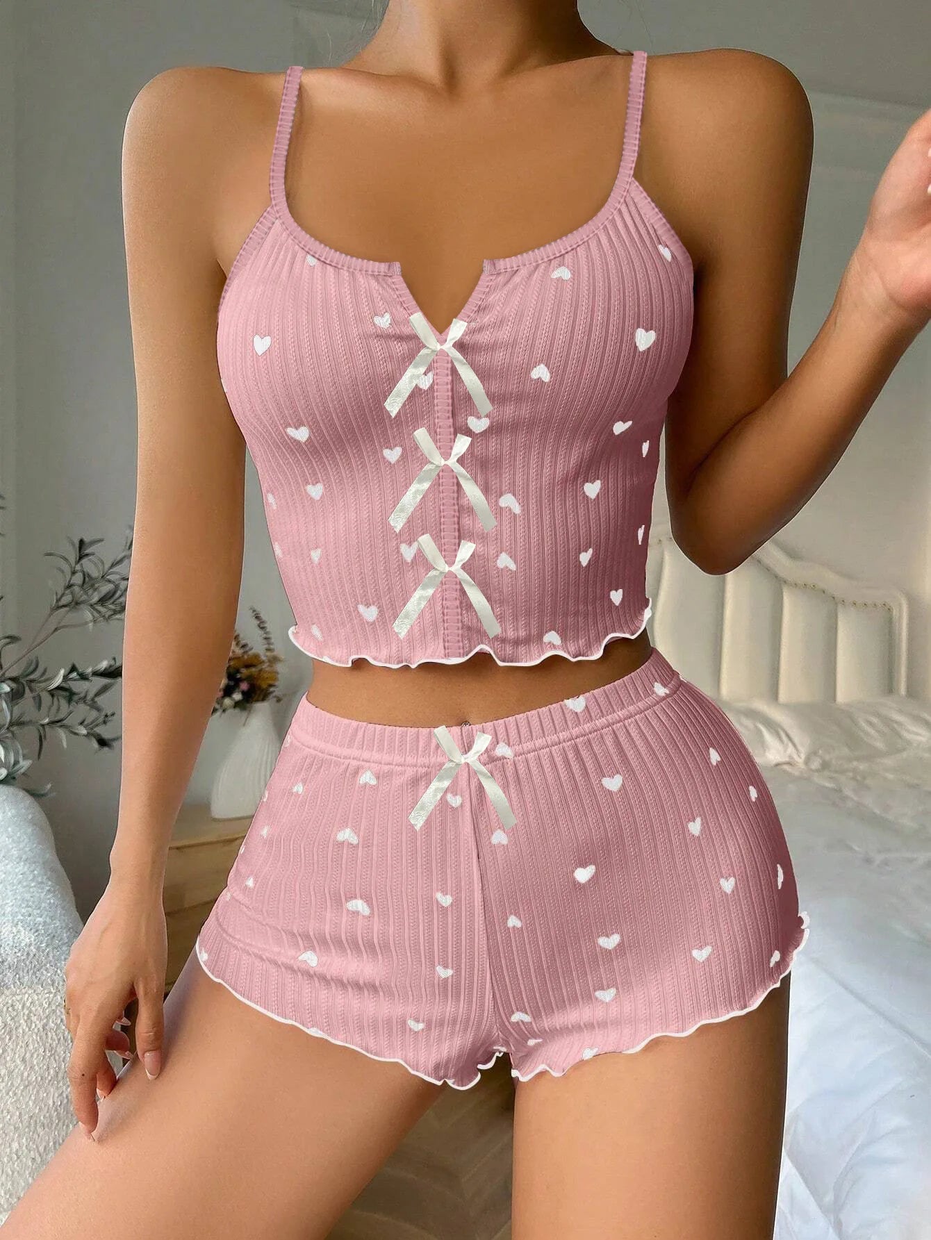 Pijama corto 2 piezas para mujer – top sin mangas y shorts blancos con estampado cute