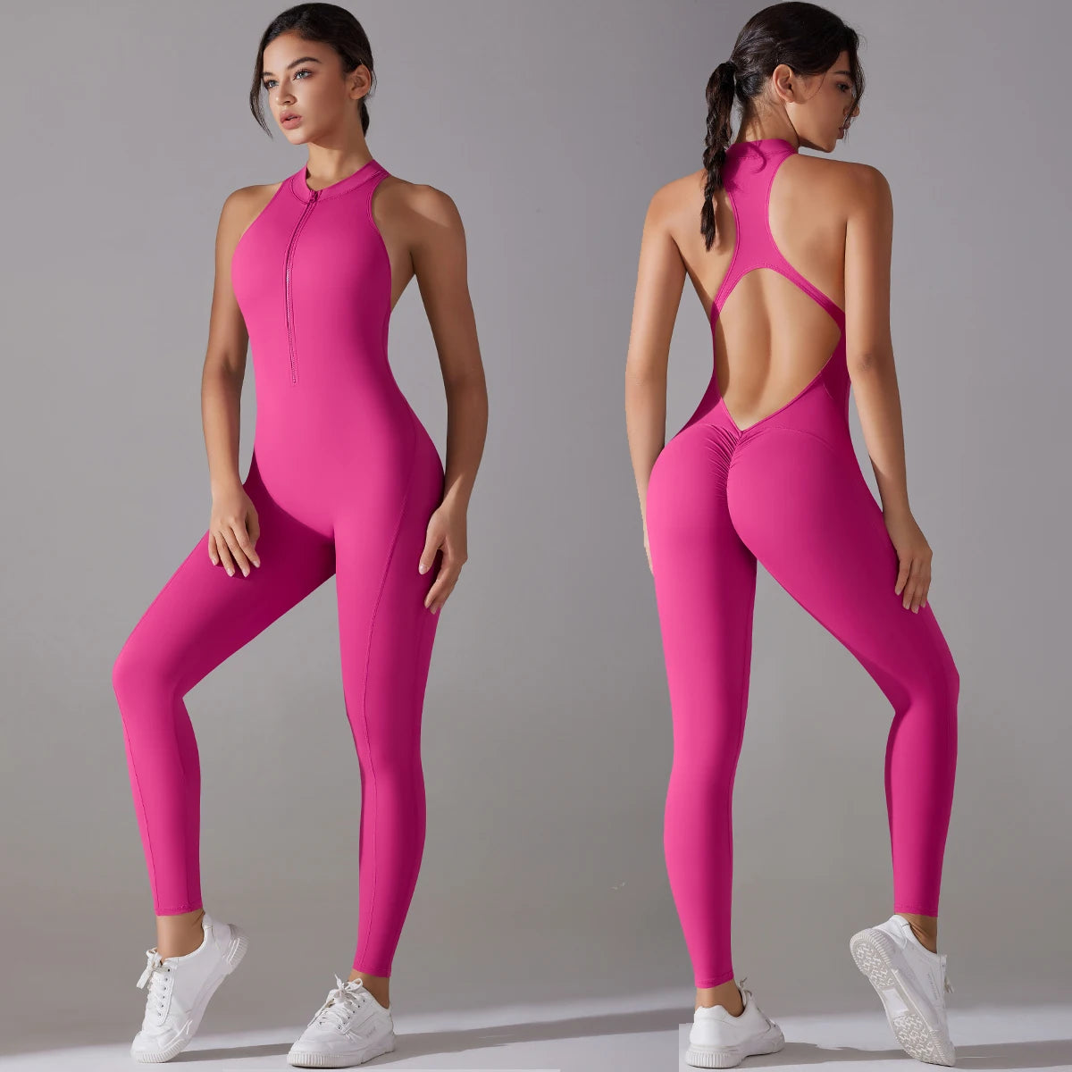 Mono deportivo ajustado para mujer – sin espalda, efecto push-up y diseño fitness sin mangas con cremallera