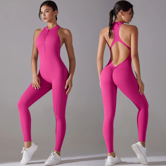 Mono deportivo ajustado para mujer – sin espalda, efecto push-up y diseño fitness sin mangas con cremallera