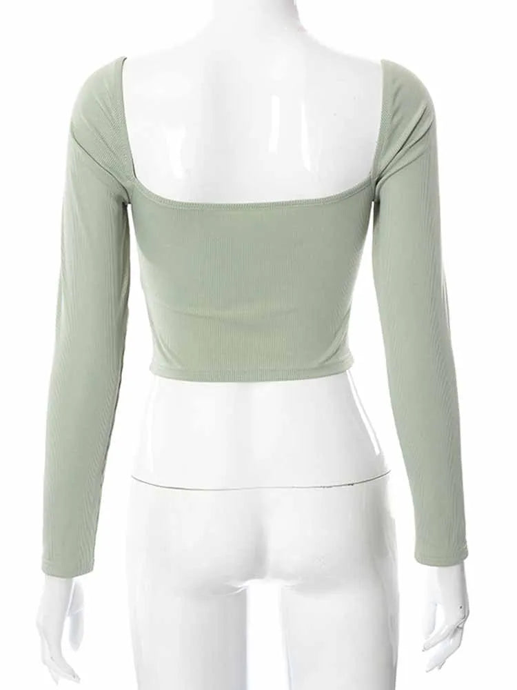 Top crop mujer manga larga – cuello cuadrado y V, diseño backless con detalle hollow-out, ajuste slim acanalado