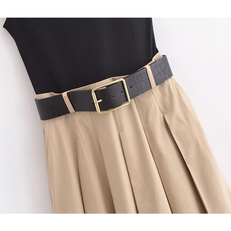Vestido midi plisado sin mangas para mujer
