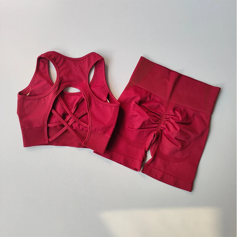 Conjunto deportivo seamless 2 piezas para mujer – top y shorts de cintura alta para yoga y fitness