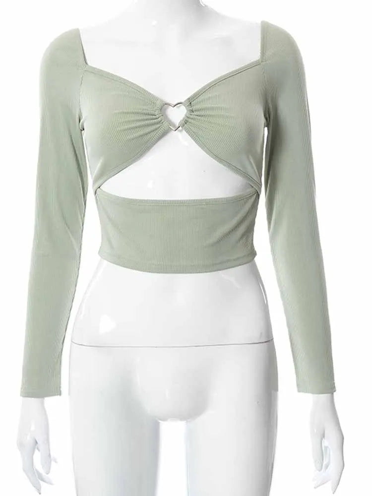Top crop mujer manga larga – cuello cuadrado y V, diseño backless con detalle hollow-out, ajuste slim acanalado