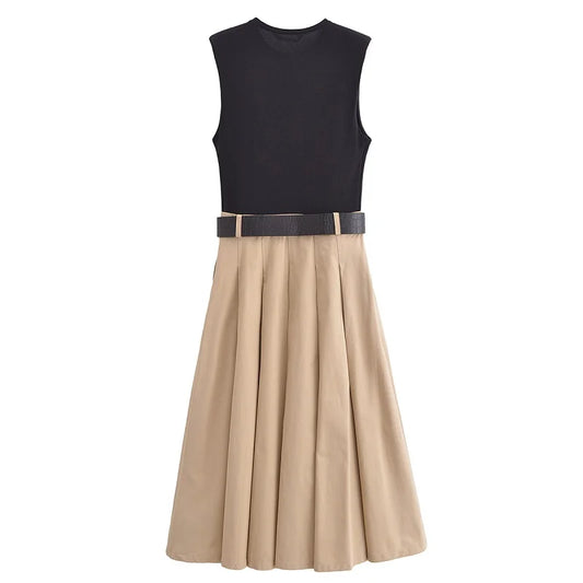 Vestido midi plisado sin mangas para mujer