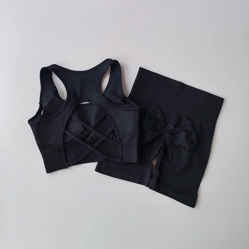 Conjunto deportivo seamless 2 piezas para mujer – top y shorts de cintura alta para yoga y fitness