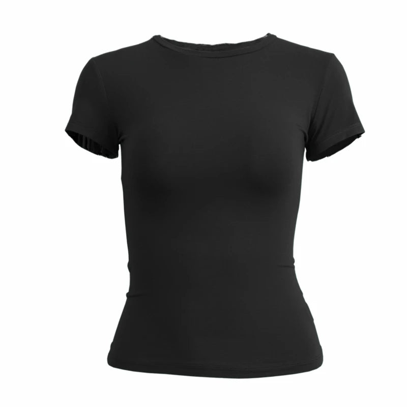 Camiseta ajustada Y2K para mujer – manga corta, cuello redondo y estilo sporty streetwear
