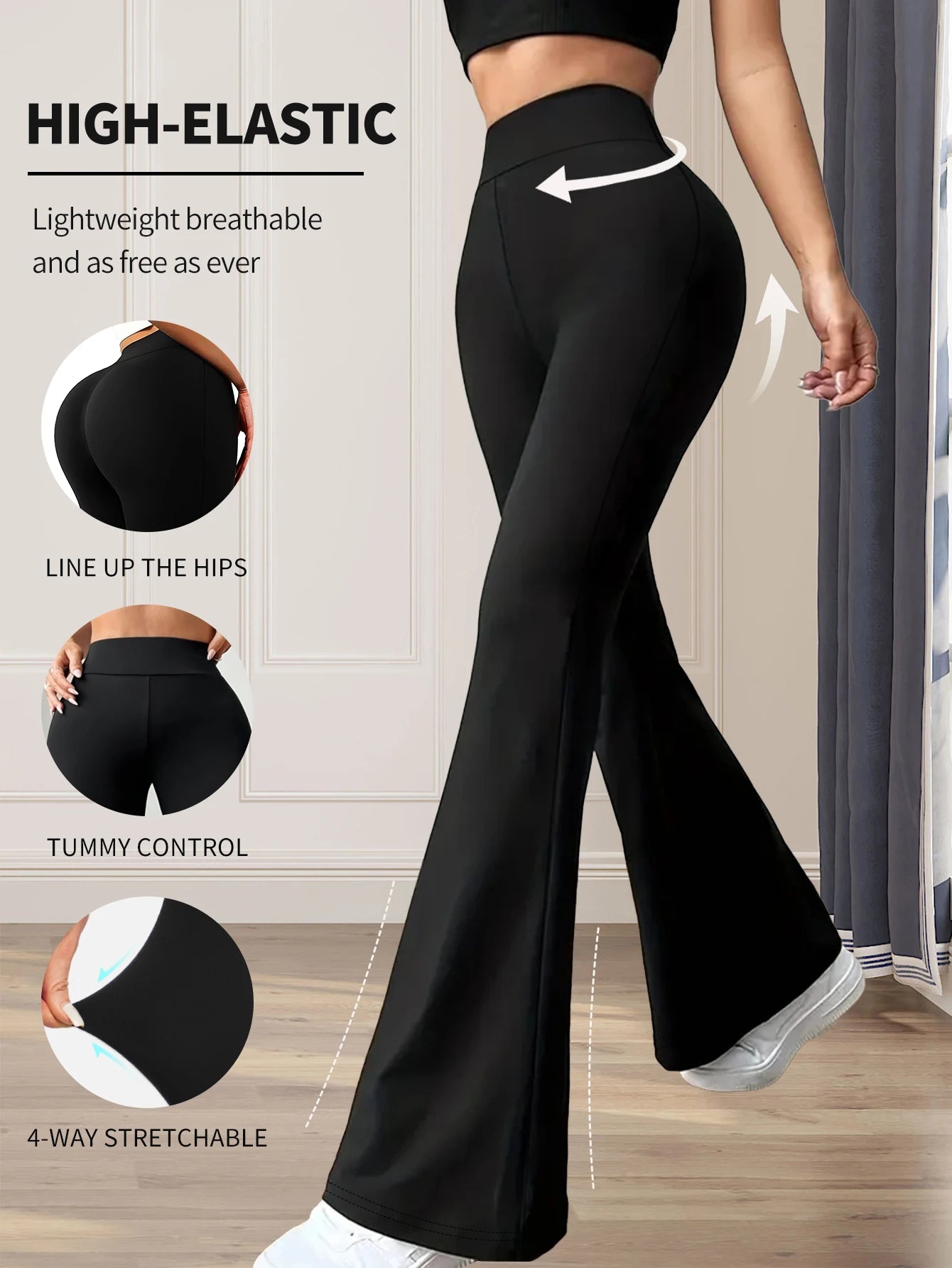 Pantalón acampanado mujer cintura alta – ajuste slim, pierna larga y tejido ligero para primavera-verano