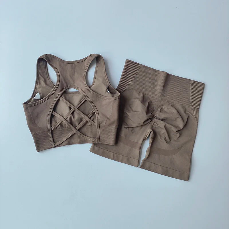 Conjunto deportivo seamless 2 piezas para mujer – top y shorts de cintura alta para yoga y fitness