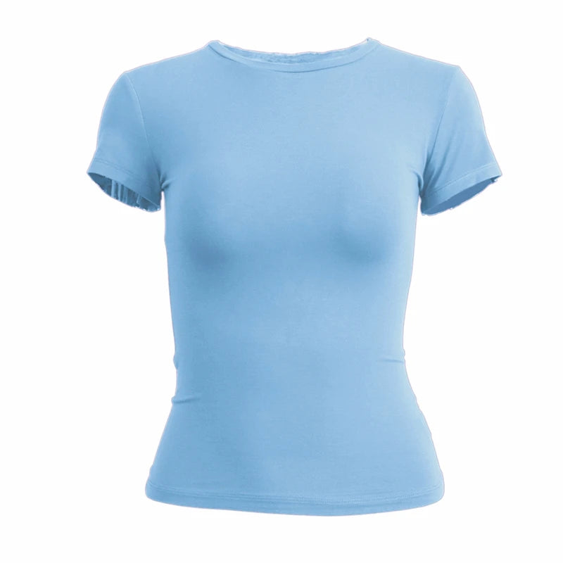 Camiseta ajustada Y2K para mujer – manga corta, cuello redondo y estilo sporty streetwear