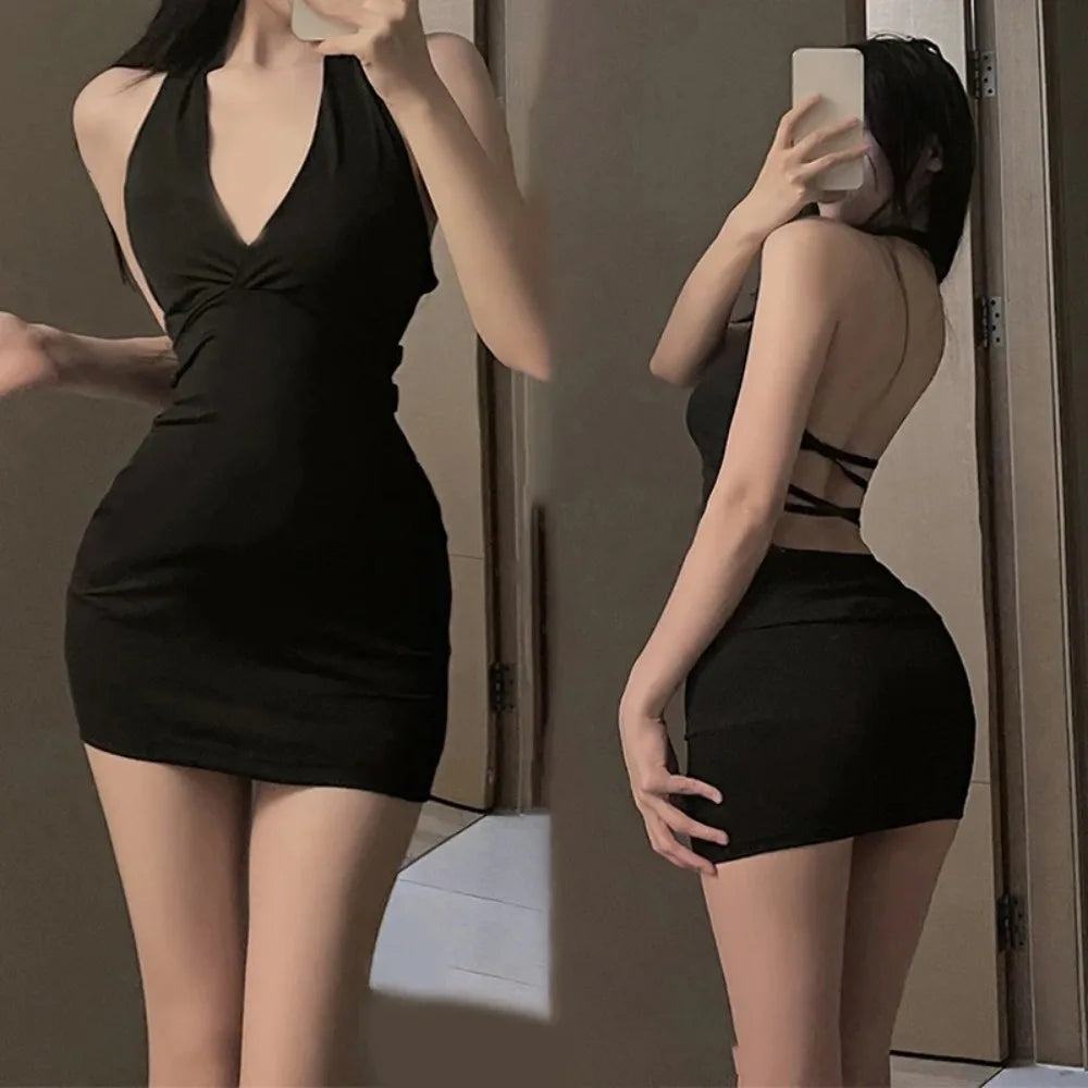 Vestido mini negro halter sexy para mujer