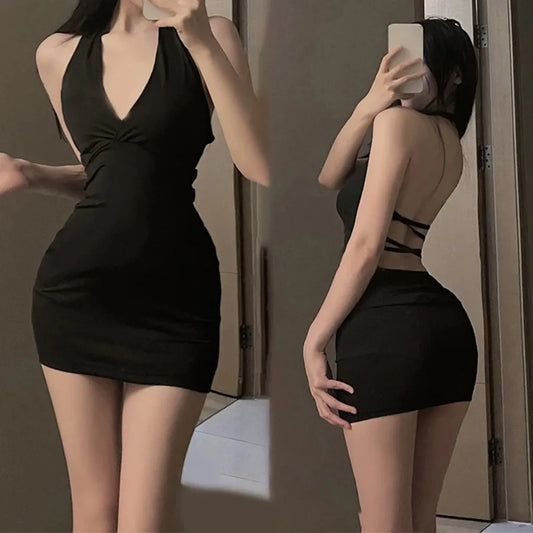 Vestido mini negro halter sexy para mujer