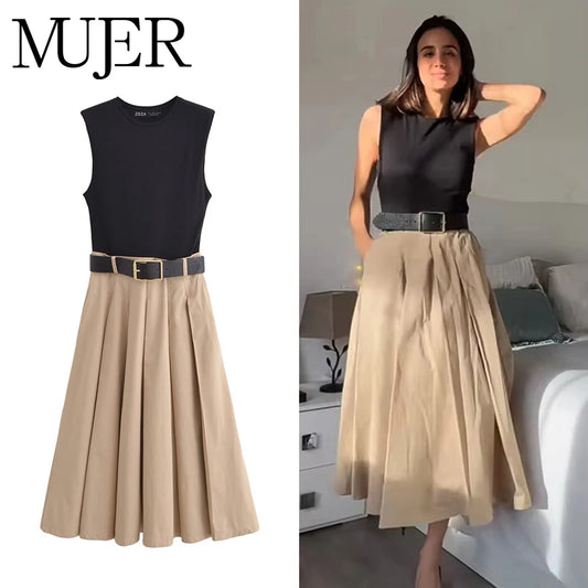 Vestido midi plisado sin mangas para mujer